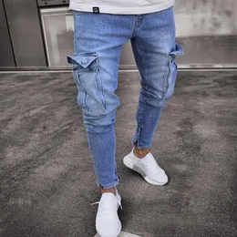 Mäns jeans som säljer stretch -trendiga knähål med dragkedja byxor i275V