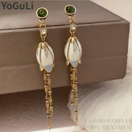 Dangle Earrings Trendy Jewelry 925 Silver Needle Green Glass Pretty Lotus Long Chain For Women Girl Party Wedding Gift 2023