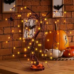 Lampada da bonsai illuminata da 24 pollici per Halloween, 80 luci a LED arancioni e viola, lampada da tavolo, albero artificiale, decorazione da scrivania, con 4 ragni, spina adattatore