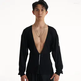 مرحلة ارتداء مثيرة كبيرة v-neck mesh القمصان Chacha Rumba Tango Dress Tops Latin Dance Tops للرجال ملابس حديثة الذكور الذكور DQS14168