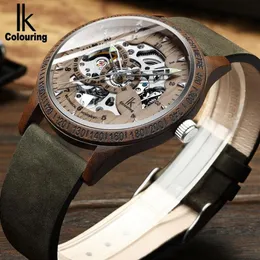 IK Coloring Men Watch Fashion Casual Wood Case Crazy Horse Leather Strap Wood Watch Skeleton Auto Mechanical Man Relogio Y2004217B