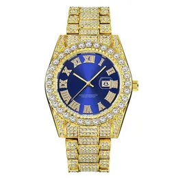 Relógios de pulso luxo ouro romano bling hip hop completo congelado relógio quartzo azul diamante relógios homens prata diomand reloj de diamantes291j