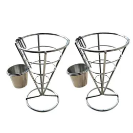 Jewelry Pouches Bags 2Pcs French Fries Stand Cone Basket Fry Holder With Sauce Dippers Metal Fried Chicken Display Rack Wire2744