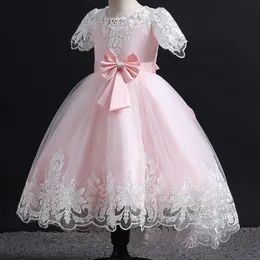 Novo Princess Flower Girl Dresses for Weddings Lace Ilusão Puffy Little Baby First Comunhão Apliques de Flora 3D Tulle Crianças Vestidos de concurso 403