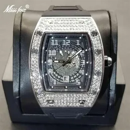 MISSFOX 2021 New Arrival Tonneau Men Watches Iced Out Full Diamond Rubber Strap Watch Hollow Dial Design Luxury Sport Male Clock218N