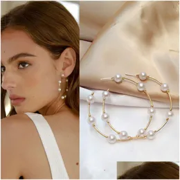 Dangle Chandelier New Boho White Imitation Pearl Round Circle Earrings Women Gold Color Big Hoop Earring Korean Jewelry Brincos Statem Dhf7T