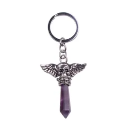 Key Rings Angel Skeleton Hexagonal Pillar Natural Healing Crystal Stone Keychain Charm Alloy Pendant Ring Wholesale Drop Delivery Jewe Dhbsv
