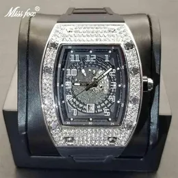 MISSFOX 2021 New Arrival Tonneau Men Watches Iced Out Full Diamond Rubber Strap Watch Hollow Dial Design Luxury Sport Male Clock274J