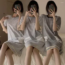 Kadın pijama 2023 Yaz Kısa Kollu Gündelik Ekose Pamuk Pamuk Nightgowns Kadınlar İçin Kore Gevşek Ev Elbise Gece Elbise Gecesi Nightdress Nighty