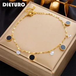 anklets dieyuro 316lステンレス鋼ブラックラウンドチャームアンクレットfor women girl new trend zircon zircon leg chain Waterproof Jewelry Gift Partyl231004