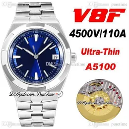 V8F Overseas 4500V Ultra-Thin A5100 Självlindande Automatisk herrklocka 41mm Blue Dial Stick Markers Rostfritt stål Armband Super 222s