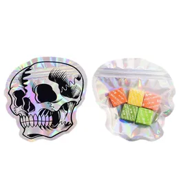 Laserskalle socker mini förpackning väskor 12*12 cm aluminium folie opp plast mylar påse rensar tillbaka för halloween present torr ört godis kakor snack nöt förpackning