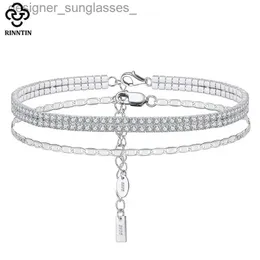 Cavigliere Rinntin Argento sterling 925 Scintilla italiana Catena a maglie a specchio 2 file Cavigliera da tennis per donna Bracciale piede Gioielli alla caviglia SSA03L231004