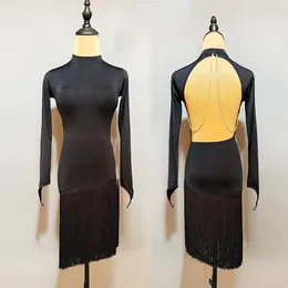 Сценическая одежда, сексуальное платье для латинских танцев с открытой спиной, черный костюм с длинными рукавами, платья для выступлений ча-ча, конкурс самбы для взрослых DL11005