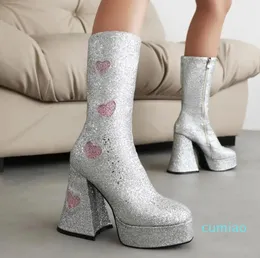 Boots Punk Style Sequined Love Locomotive Pointed Toe Square Heel Heightened Zipper Knight Sexy Women's