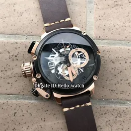 Mancino 50mm U-51 U51 Chimera Bronzo 7474 scheletro quadrante nero cronografo al quarzo orologio da uomo cronometro lunetta nera in pelle Stra264W