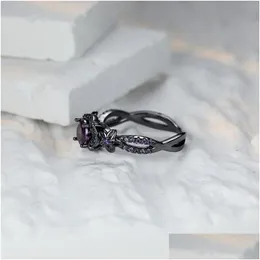 Rings Purple Round Zircon Engagement Ring Classic Black Gold Color Female Cute Small Star Flower For Women Jewelry Drop Delivery Dhdzq