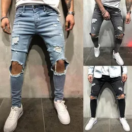 Mäns jeans män rippade hål avslappnad svart blå mager smala fit denim byxor cyklist hiphop med sexig holel245m