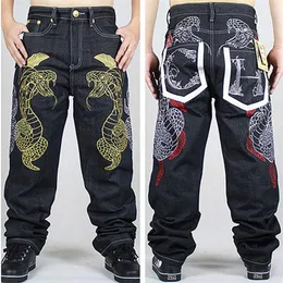 Hela 2015 Nya mode Mens Wide Leg Jeans Brodered Gold Python Loose Pants Skating Hip-Hop Street Rap Dance Trousers S257W