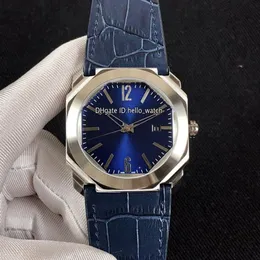 Billiga nya 41mm Octo Steel Case Datum 102429 BGO38C3SLD BLÅ DIAL Automatisk herrklocka Blue Leather Strap Högkvalitativa klockor Hello234s