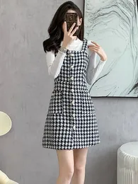 Two Piece Dress New Autumn Winter Single Breasted Houndstooth Spaghetti Strap Dress Two Piece Set Women White Stand Collar Sweater Sets 2024