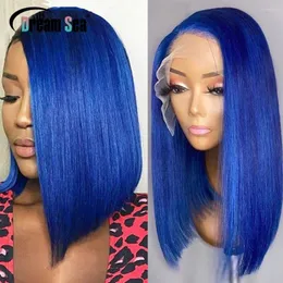 Blue Short Bob Human Hair Wigs 13x4 Lace Frontal Wig Colored Glueless Brazilian Remy Transparent For Women Pre Plucked