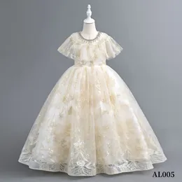 2023 Ball Gown Flower Girl Dresses new Tulle Lace Applique Rhinestones Kids Pageant Dress Girl's Birthday Party Champagne Lace Ivory Tulle Long Kids Formal Dresses