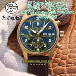 2020 ZFF Senaste Spitfire Fighter Series Bronze Case 387902 Green Dial Eta A7750 Chronograph Mechanical Mens Watch Stopwatch Watche242a