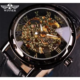 Vinnare Black Gold Male Clock Men Relog Skeleton S Watches Top Brand Luxury Montre Leather Wristwatch Mechanical Watch 220423279z