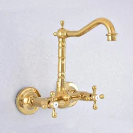 Kitchen Faucets Dual Handle Duals Hole Wall Mounted Basin Faucet Golden Brass Bathroom Vanity Sink Cold Water Taps Dsf618