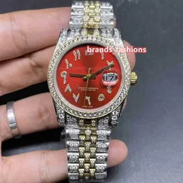 인기있는 New Men 's Hip Hop Wristwatch Red Face Arabic Scale Bi-Gold Strap Fully Automatic Mechanical Diamond Watches225L