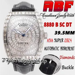 Abf cintree curvex abf8880 c d eta a2824 Automatyczna męska zegarek Bagiete Baguette Diamonds obudowa lodowana diamentowa diamentowa tarcza czarna skóra Str318b