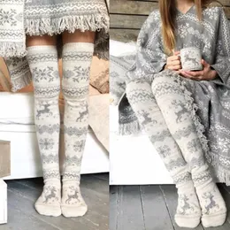 女性の靴下クリスマストナカイ膝の上に長い間綿の高い冬の編みクリスマス編みウール