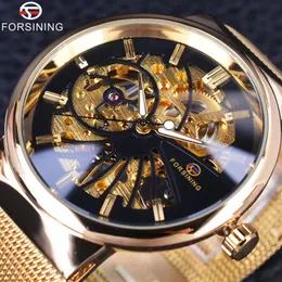 Forsining 2019 Fashion Luxury Skeleton Casual Dressing Design Golden Stainless Steel Men Watch Top Brand Luxury Mechanical Watch235F