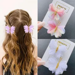 Hair Accessories 2Pcs/Set Butterfly Clip Gradient Hairpins With Gold Cute Gauze Headwear Girls Children Gift