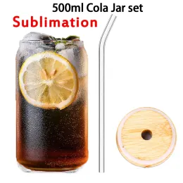 Sublimation New 12/15oz Creative Sequins Glass Can shape Bottle with Lid and Straw Summer Drinkware Mason Jar Juice Cup