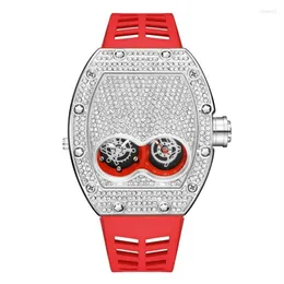 ساعة معصم Pintime Original Luxury Full Diamond Iced Out Watch Bling-Ed Rose Gold Case Red Silicone Strap Clock Quartz for Men217e