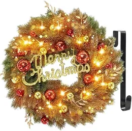 Pre-Lit Lighted Christmas Wreath with Hanger Christmas Wreaths for Front Door with 40 LED Lights Decorations fo