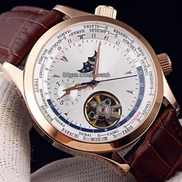 New 42mm Master Control World Geographic Q1522420 White Dial Automatic Mens Watch Moon Phase Tourbillon Rose Gold Case Leather Str221T