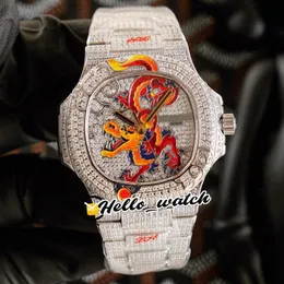 JHF Limited Nuovo Iced Out Full Diamonds 5720 1 Quadrante smaltato con design drago Cal 324 S C Orologio automatico da uomo 5720 Bracciale con diamanti He218c