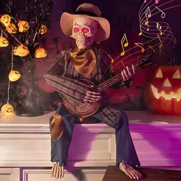 3 2 ft Banjo Playing Skeleton Halloween Decoration, Eyes Light Up with Sensor Function Animatronics Skeleton Musical Fall Indoor Decor Used