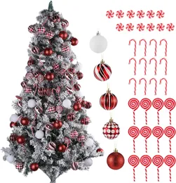 66 PCS 클래식 레드와 흰색 크리스마스 볼 장식품 장식 및 사탕 지팡이 크리스마스 트리 장식 크리스마스 트리 교수형 장식용 사탕을위한 크리스마스 트리 장식