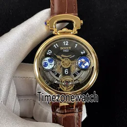 Bovet Amadeo Fleurier Grand Complications Edouard Tourbillon Корпус из желтого золота Черный скелетонизированный циферблат Швейцарские кварцевые мужские часы Коричневые Le237s