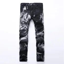 Homens inteiros impressão jeans joelho 3d impresso preto rap biker jeans homens hip hop solto magro lobo jeans magros para homens calças jeans pl2508