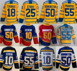 Erkekler Retro Hokey 50 Binnington Jersey 55 Colton Parayko 10 Brayden Schenn 18 Robert Thomas 25 Kyrou Centennial Klasik Vintage Kırmızı Beyaz Mavi Dikiş