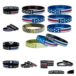 Party Favor Firma Świąteczne 40Styles 600pc/Lot Thin Blue Line American Flag Bracelets Sile Breyband Soft and Elastyczne Świetne na normalny dzień Gi Dhsnr