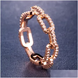 Bandringar ring Creative Lock Chain Hollow Ladies Zircon Sier Plated Rose Gold Luxury Jewelry for Women Drop Delivery DH2T4