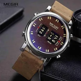 Megir New Top Band Watches Men Military Sport Brown Leather Quartz Wrist Watch Luxury Drum Roller Relogio Masculino 2137 210329215C