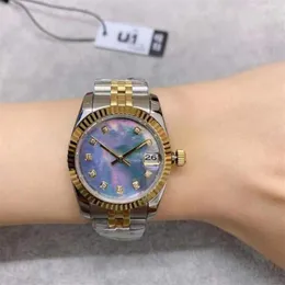 U1 ST9 Steel Tone Watches Purple Sheel Diamond Dial 31mm 116231 278273 자동 메키 시아형 여성 손목 시계 쥬빌리 스트랩 291t