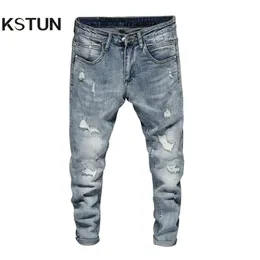 Ripped Jeans Men Skinny Light Blue High Street Style Male Jeans Elasticity Slim Fit Frayed Casual Men Pants Trousers Biker Jeans T313T